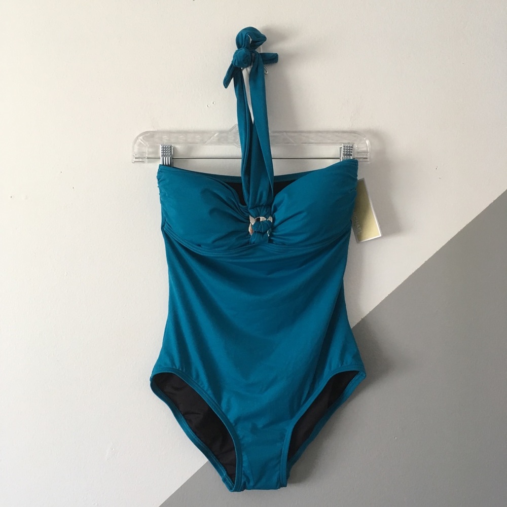 Michael Kors Halter One Piece Swimsuit Lux Teal